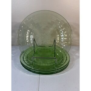 Jeannette Uranium Glass 4pc Snowflake Block Optic Dinner Plates 1930-36 USA 9"d